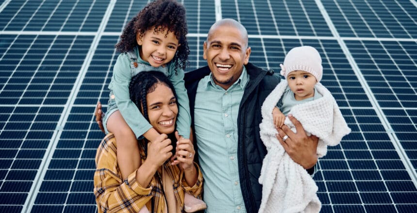 Black family, children or solar energy with parents and daughter siblings on a farm together for su.