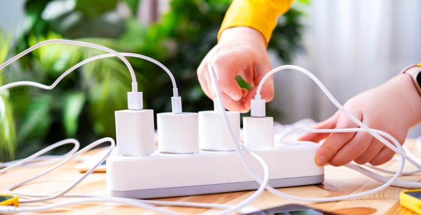 Hand inserts gadget charger into socket with multiple devices, concept of excessive energy consumption and gadget addiction